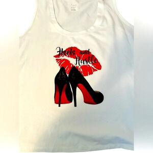 NEW DTF Ladies Sleeveless Tank Top “ Heels N Hustle ” Size XL White